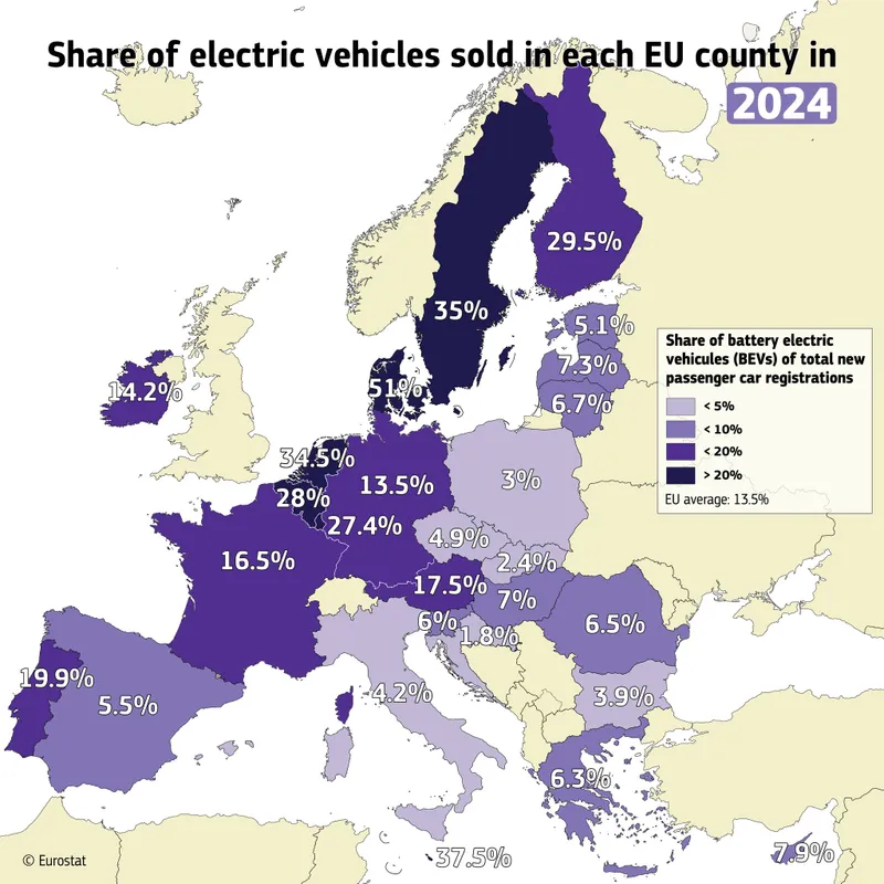 Harta cotelor de piață ale mașinilor electrice în UE - Foto: Eurostat