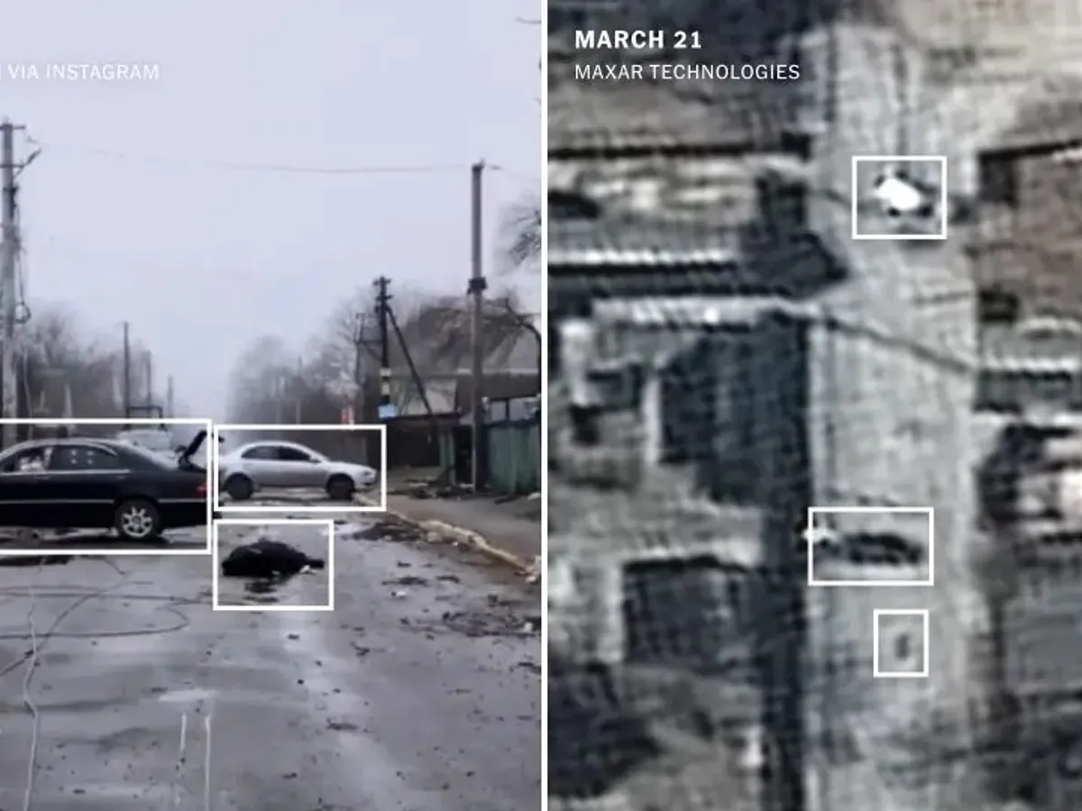 Pe străzile din Bucha, imaginile din satelit au arătat că armata rusă a ucis civili încă de acum câteva săptămâni