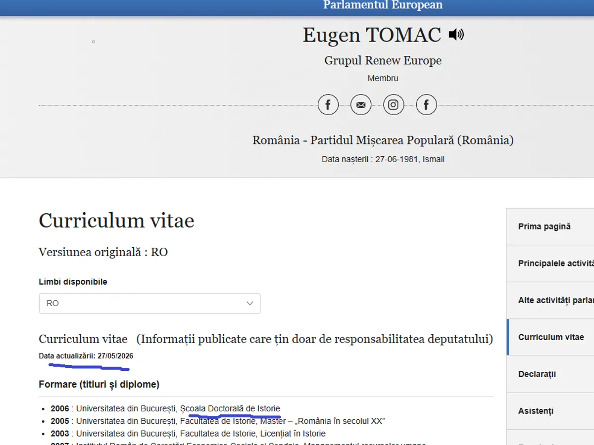 Al doilea CV depus la Parlamentul European în care Tomac scrie că este la școala doctorală - Foto: Parlamentul European