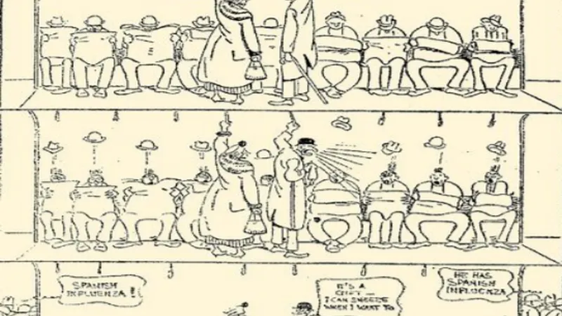 Caricatură apărută în 1918, în New York. Captură din studiul Quarantine humour as a coping mechanism