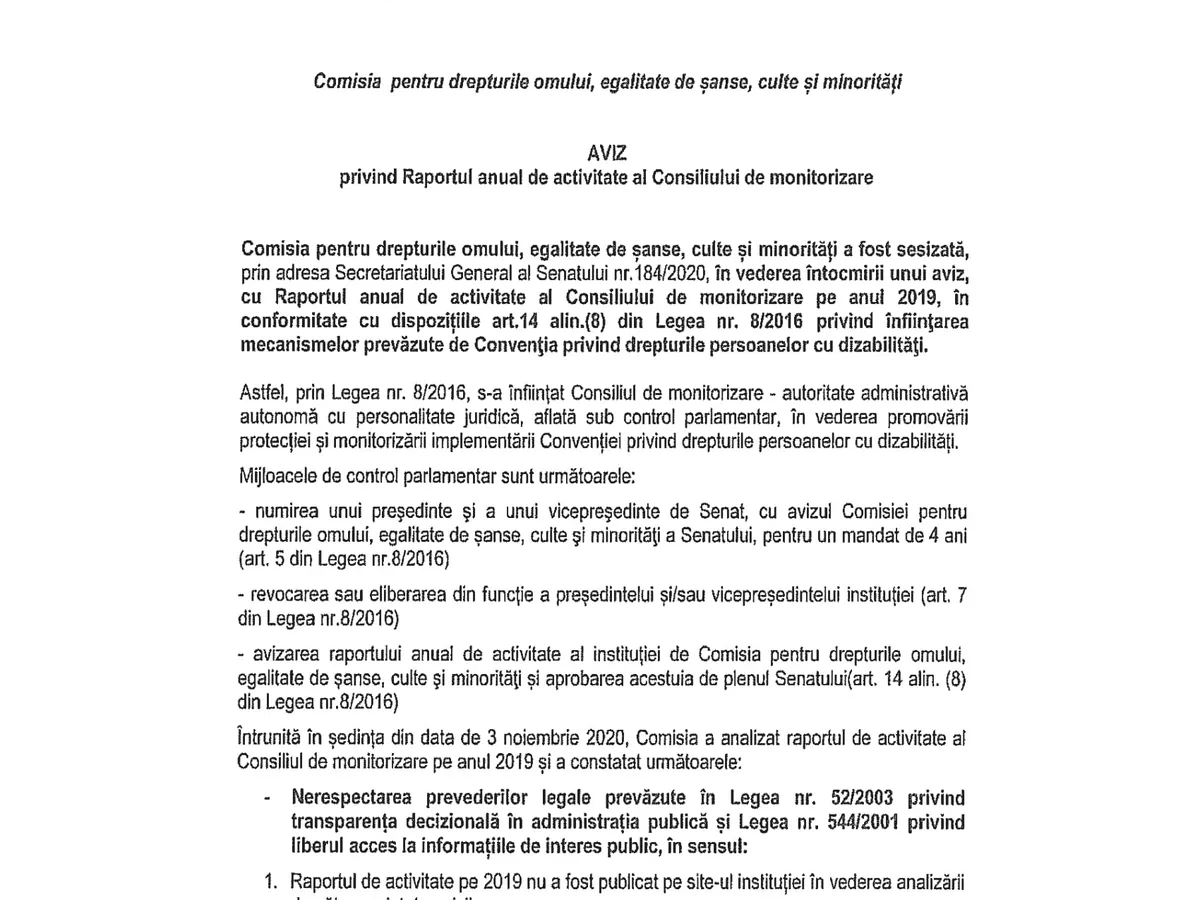 Avizul prin care Comisia de drepturile omului recomandă revocarea lui Butnaru. Sursa: Senat