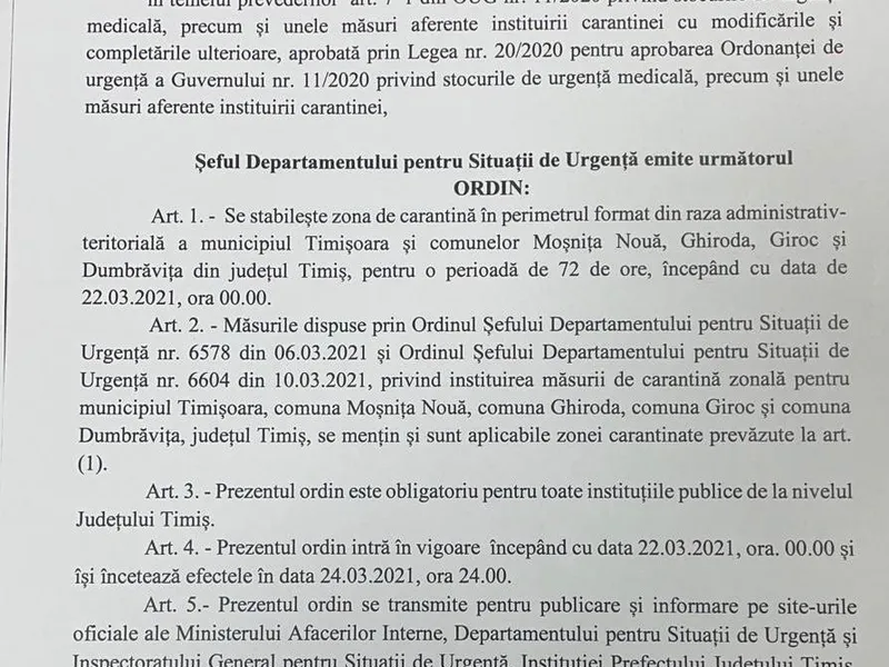 Ordinul DSU prin care Arafat a impus carantina în Timișoara pentru încă trei zile.