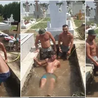 Trei gropari și-au făcut piscină într-un mormânt ca să se răcorească Foto: captură video Youtube