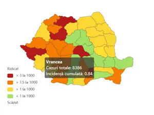 Harta ratei de infectare. Vrancea, cu 5 teste COVID pe zi, e în zona verde. Sursa imagine: datelazi.ro