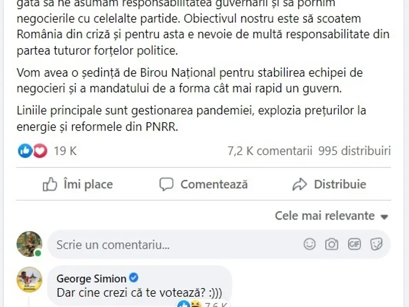 Simion se ia de Cioloș pe Facebook: „Cine crezi că te votează”/foto: facebook