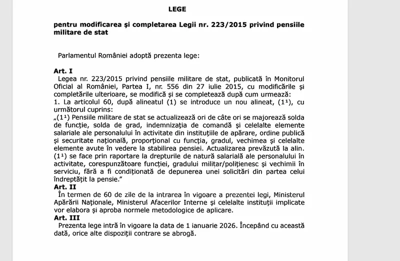 Proiect de lege carear crește pensiile militare - Foto: Cdep