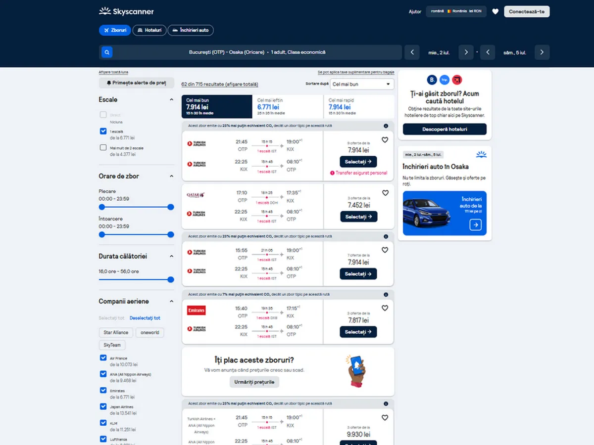 Criză bugetară? Noul președinte al Senatului, bilet de avion București - Osaka de 7.000€. Explicația - Foto: captură ecran skyscanner.ro