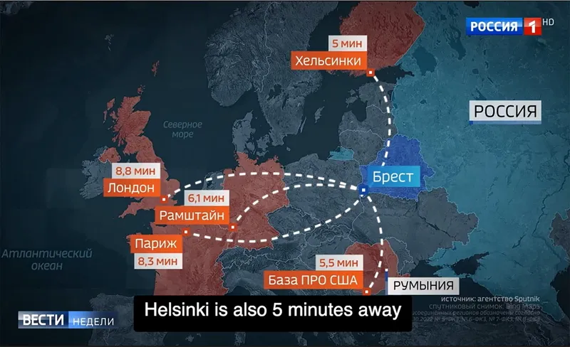 Harta cu posibile ținte pentru Oreșnik, prezentată de Dmitri Kiseliov,, purtătorul de cuv&acirc;nt al lui Putin - Foto: Profimedia Images