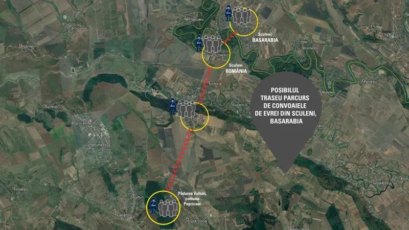 Harta cu posibilul traseu al convoaielor de evrei din Sculeni, Basarabia, este realizata de INSHR-EW.
