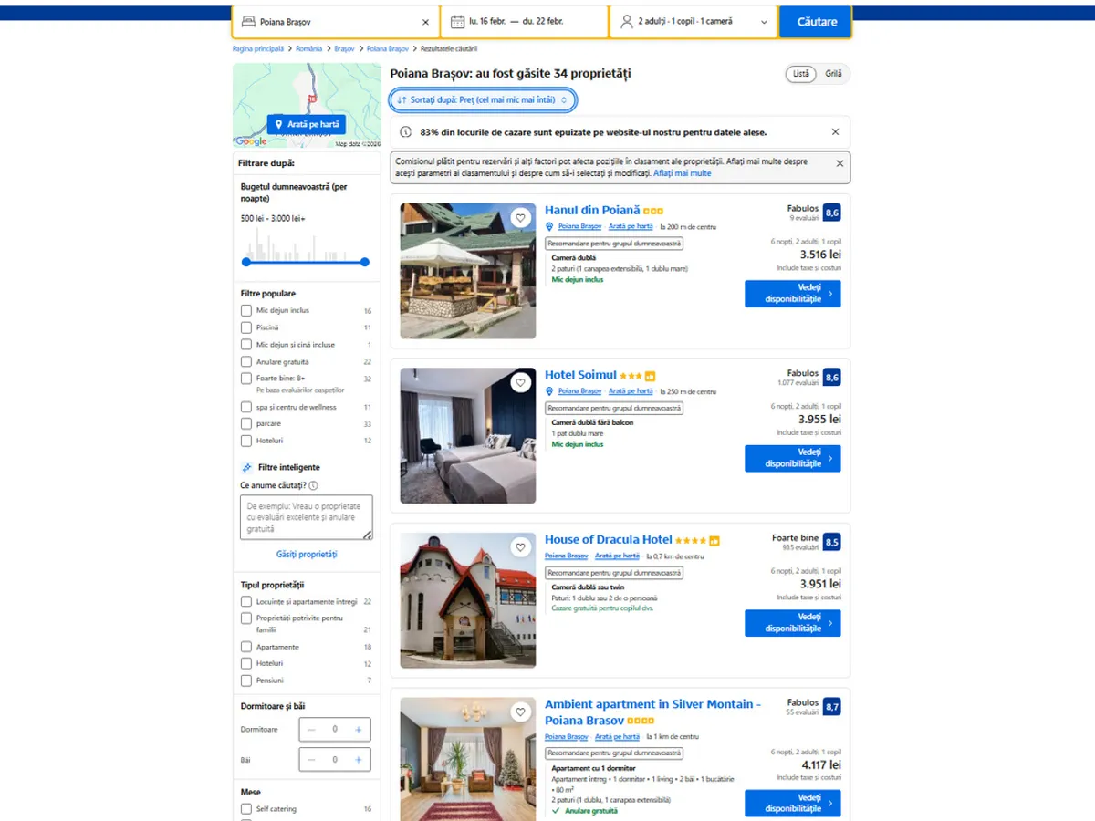 Tarife cazare Poiana Brașov, februarie 2026 - Foto: captură Booking