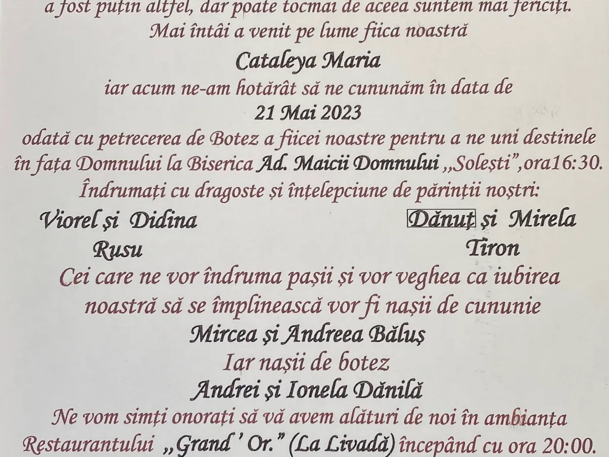 Invitația la nuntă în care este anunțat Mircea Nebunu ca naș de cununie Foto: Facebook/Andrei Bogdan