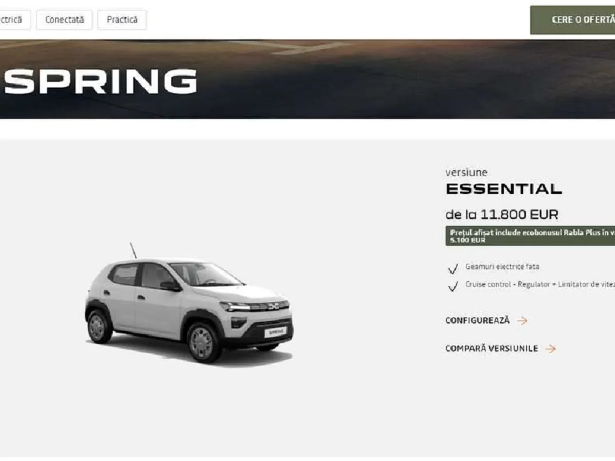 Românii, mai „bogați”? Dacia Spring: 10.240 € - Luxemburg,  10.590 € - Belgia, 16.900 € - România - Foto: captură ecran