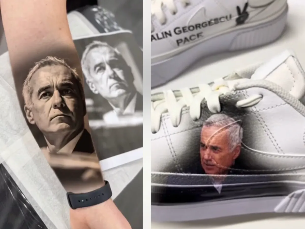 Delir printre fanii lui Călin Georgescu. Și-au tatuat chipul rusofilului pe mână și pe adidași - Foto: TikTok & Facebook - Captura foto