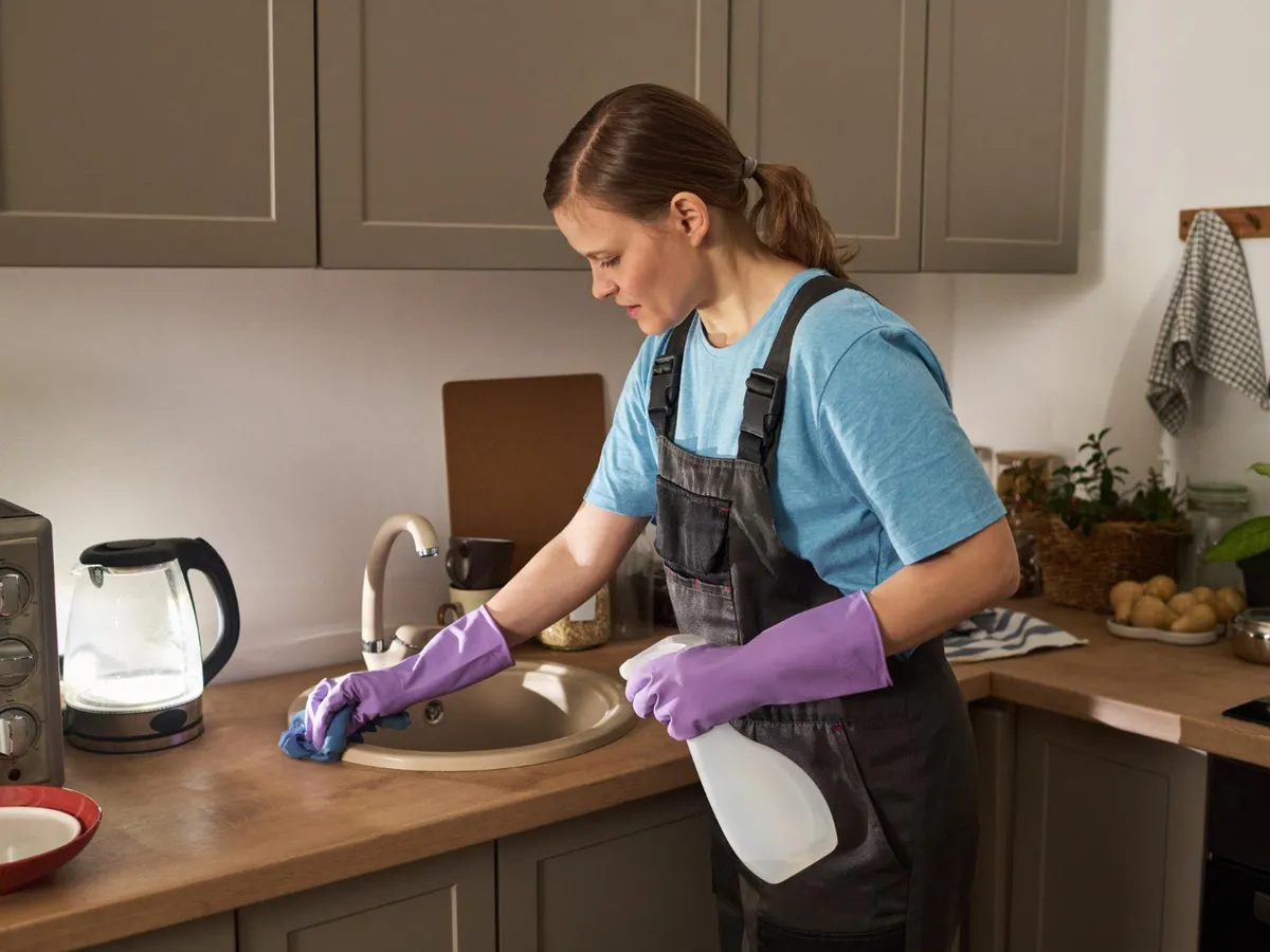 Femeie care șterge chiuveta - Foto: Freepik (Imagine cu rol ilustrativ)