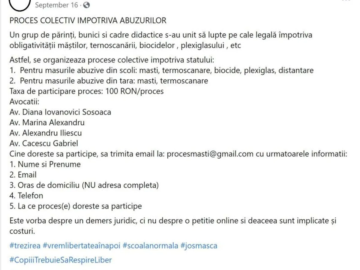 Anunțul pentru procesul colectiv