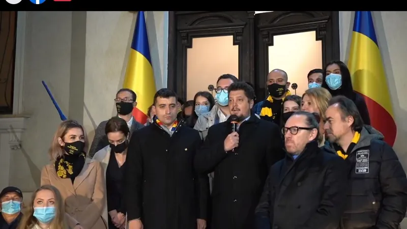 Printscreen din conferința de presă de duminică seară a AUR. Aproape nimeni nu poartă mască de protecție. Sursa: Video Facebook AUR