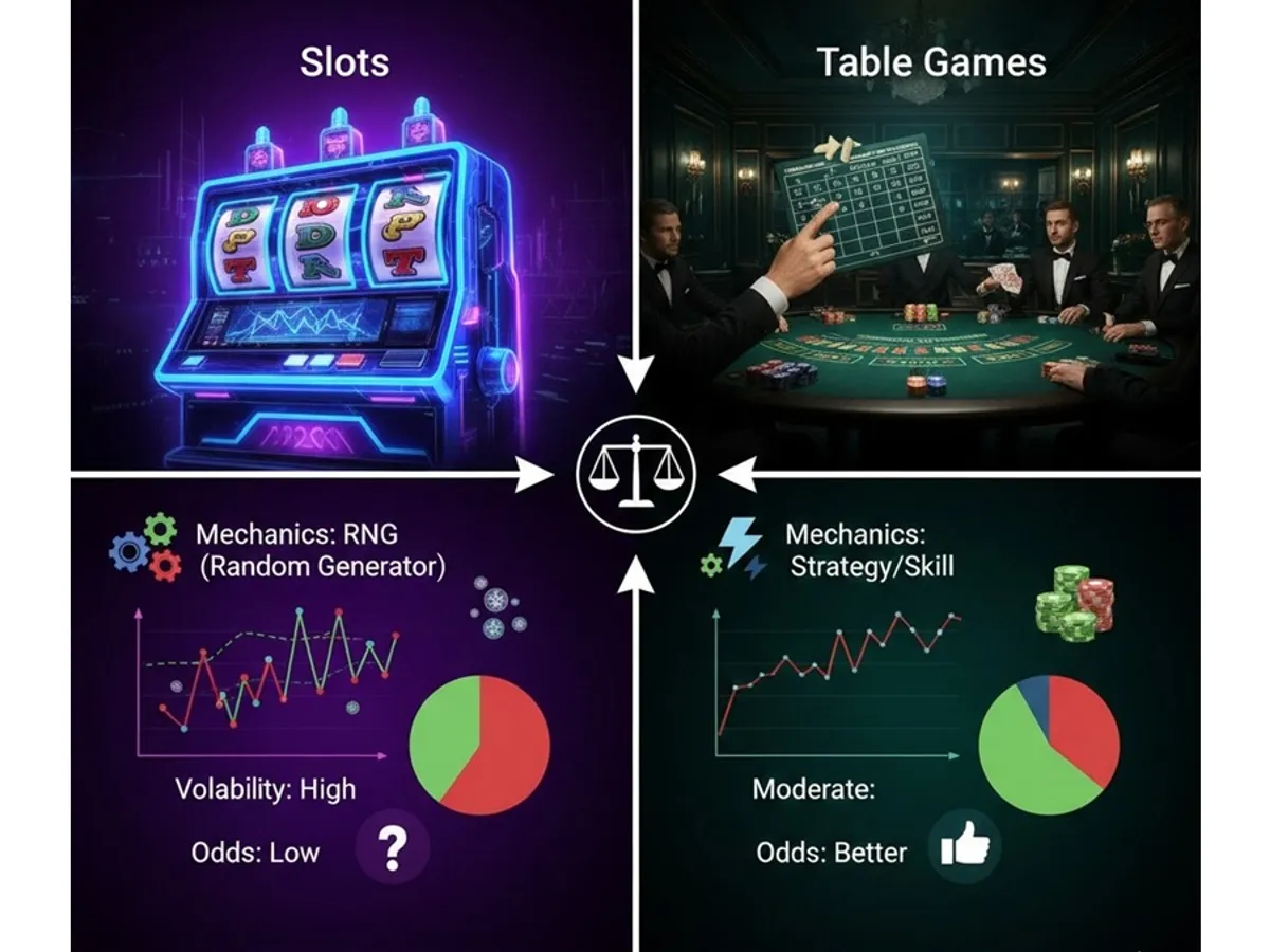Slots vs. jocuri de masă: diferențe în mecanică, volatilitate și șanse de câștig (P)