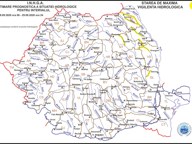 Cod galben de inundaţii, valabile pe râuri din şapte judeţe. Foto: inhga.ro