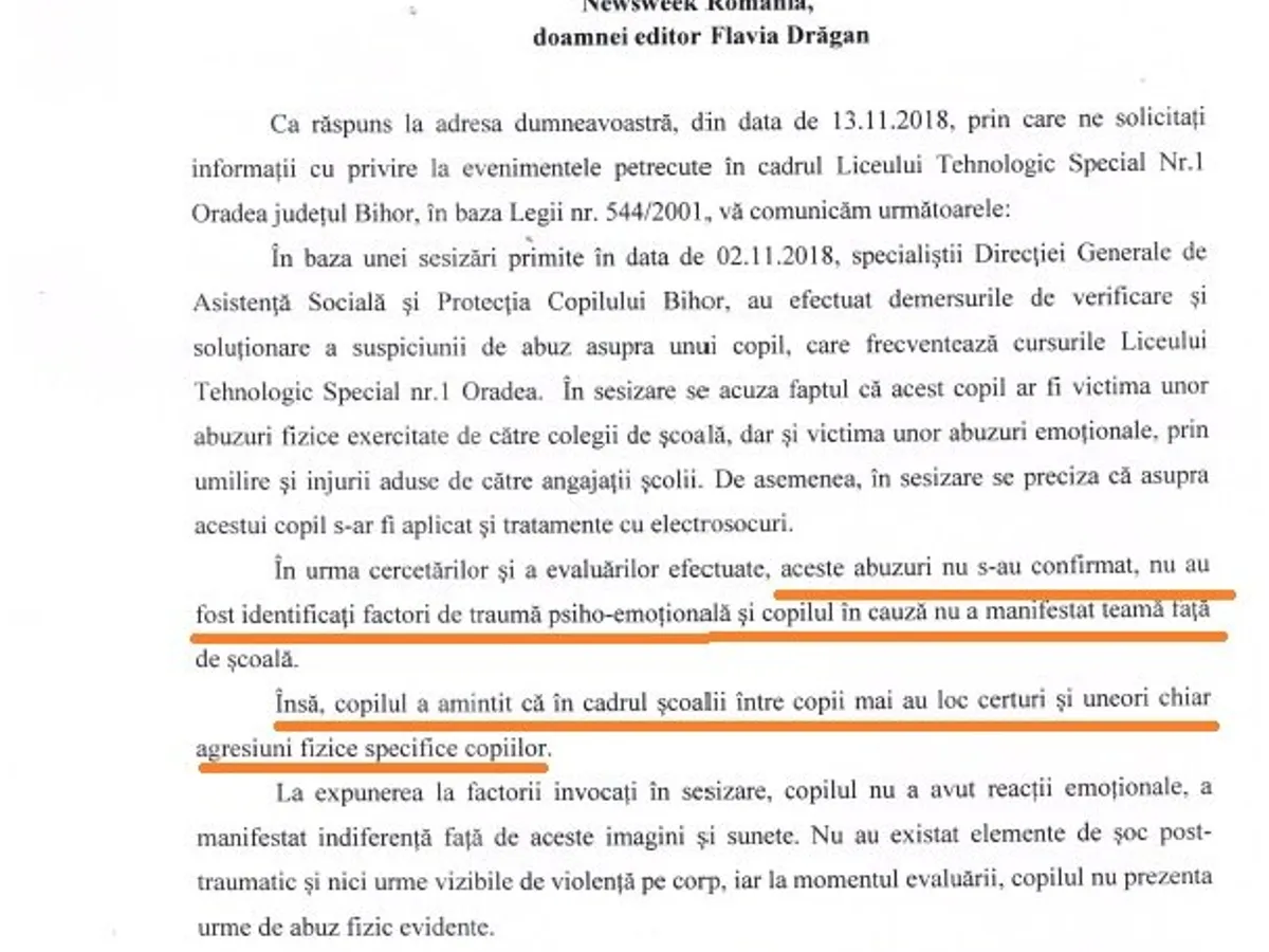 Fragment din răspunsul primit de Newsweek de la DGASPC Bihor