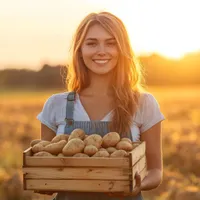 Femeie frumoasă care are în brațe o ladă cu cartofi - Foto: Freepik