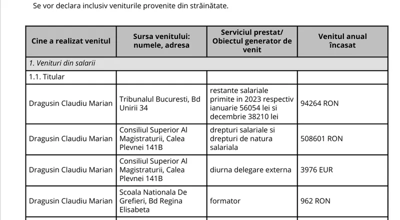 Declarație avere Claudiu Drăgușin - Foto: ANI