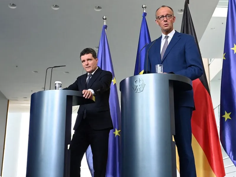 Friedrich Merz și Nicușor Dan, în conferință de presă, la Cancelaria Federală din Berlin - Foto: Profimedia Images