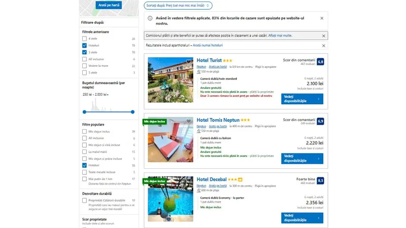 Hotelierii de pe Litoral au „înghețat” prețurile. Nu au turiști, gradul de ocupare e sub 70% - Foto: captură ecran booking.com