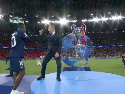 Președintele UEFA, gafă uriașă la finala Champions League! Salvat de Dembele, Ceferin și-a pus mâinile în cap