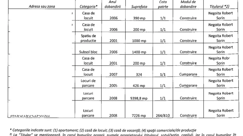 Lista caselor lui Negoiță. Sursa: Declarație de avere 2020