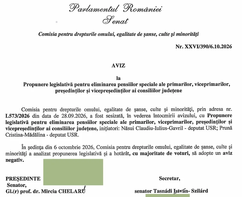 Comisia pentru drepturile omului, aviz negativ pentru eliminarea pensiilor speciale ale primarilor - Foto: Arhiva