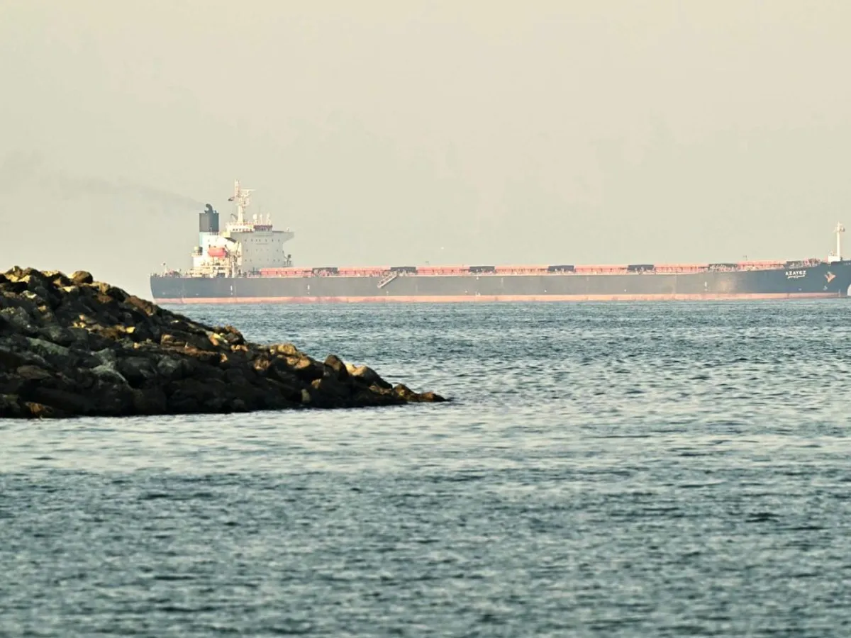 O navă de marfă este fotografiată în largul coastei orașului Fujairah, în Strâmtoarea Hormuz - Foto: Profimedia Images