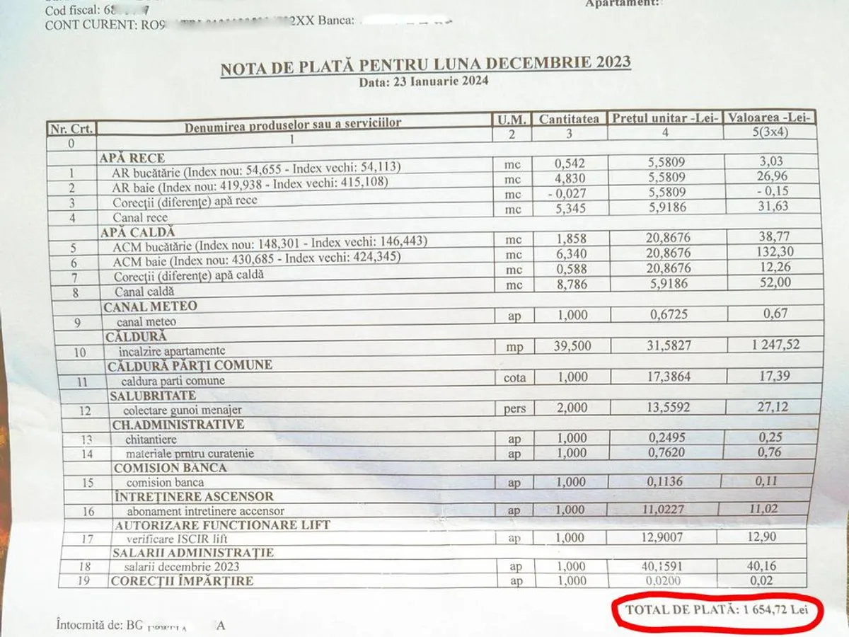 Factură de întreținere șoc, pentru un apartament de 2 camere: 1.654 lei - căldură și 8 m3 apă caldă - Foto: stiridecluj.ro