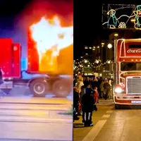 VIDEO Camionul "Coca-Cola", "vestitorul" sărbătorilor de iarnă a luat foc în București - FOTO: Profimedia