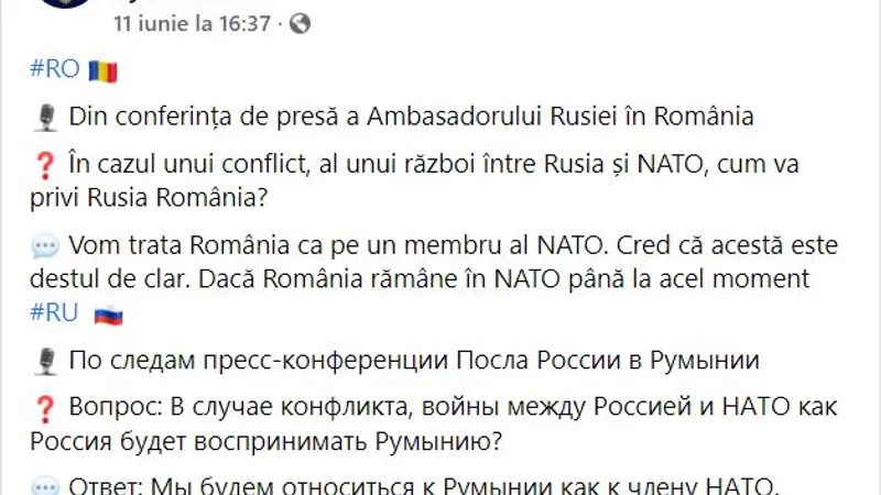 Răspuns al lui Kuzmin, pe pagina Ambasadei Rusiei/Foto: Facebook