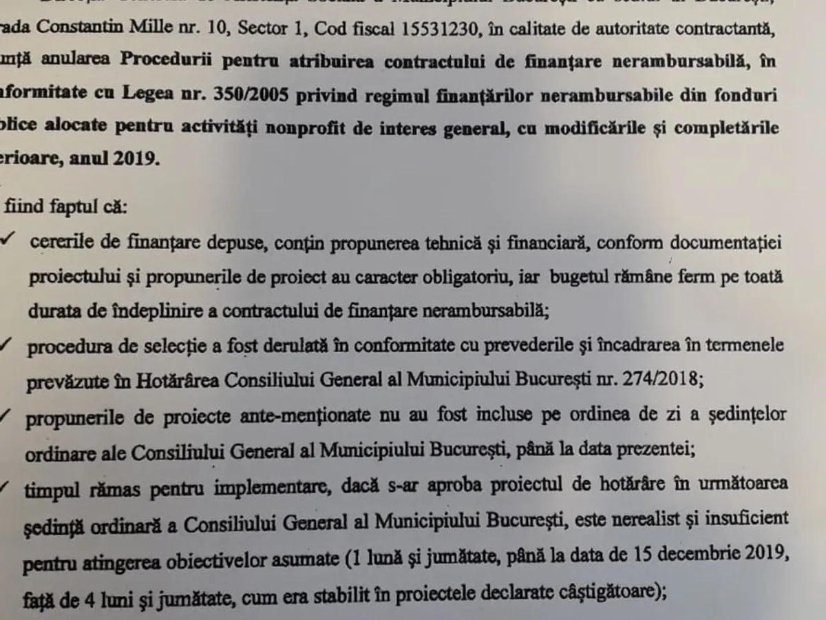 Scrisoarea oficială prin care ONG-urile sunt înștiințate că nu mai primesc bani.  Document obținut de Newsweek România