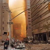 Resturile acoperă străzile din centrul Manhattanului, după ce primul turn al World Trade Center s-a prăbușit. - Foto: Profimedia Images