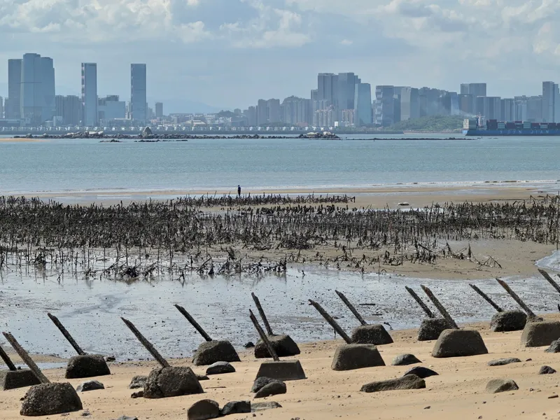 Elemente antiinvazie amplasate de-a lungul coastei insulei Lieyu, Taiwan, la 3,2 km de coasta Chinei continentale/foto: Profimedia Images