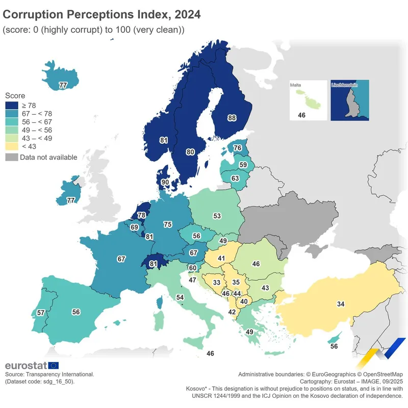 Corupția din România, la loc de „cinste”, în TOP 3, pe harta Europei - Foto: Facebook / Eurostat