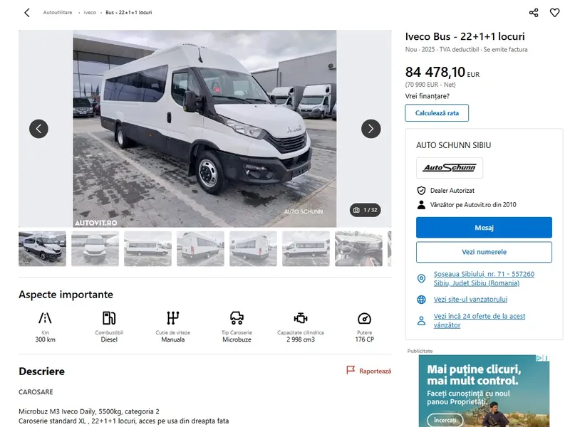 Criză? 35 de microbuze electrice școlare, cumpărate cu circa 200.000 € bucata. Unul diesel, 80.000 € - Foto: captură ecran / autovit.ro