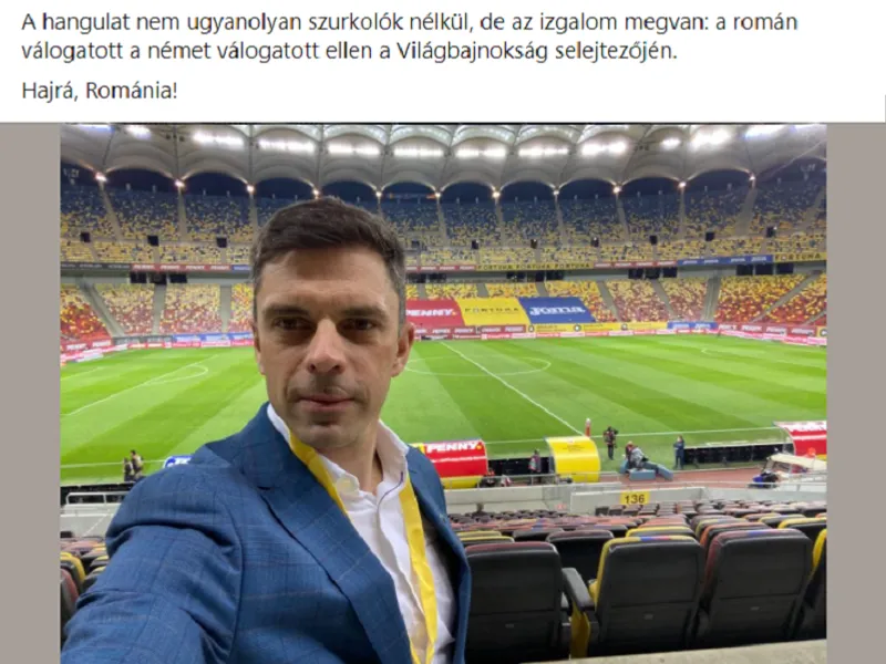 Ministrul Tineretului și Sporului, Eduard Novak, s-a pozat în tribunele meciului de fotbal România - Germania fără mască Foto: Facebook