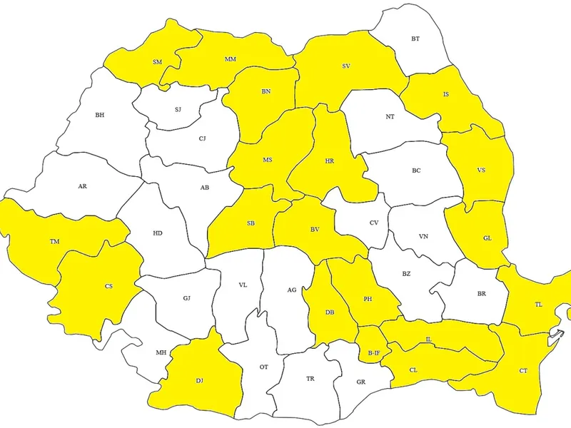 Harta cu județele unde au fost depistate prin secvențiere cazuri de infectare cu Omicron, colorată de Newsweek România