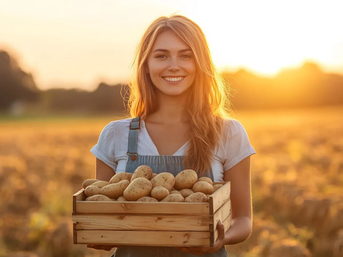 Femeie frumoasă care are în brațe o ladă cu cartofi - Foto: Freepik
