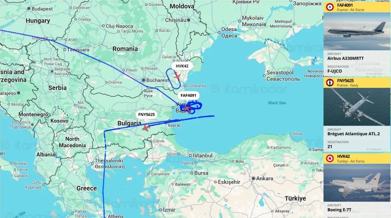 Zborurile aeronavelor NATO la Marea Neagră, la 24 octombrie - Foto: ItaMilRadar
