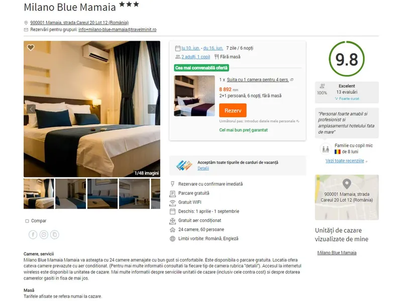 Cât costă 6 nopți de vacanță cu copilul la 3* în Mamaia la început de sezon? Între 300 € și 1.800 € - Foto: captura ecran