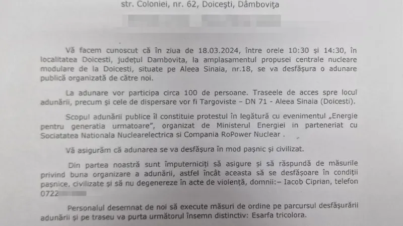 Solicitarea AUR pentru organizarea protestului Foto: NWR