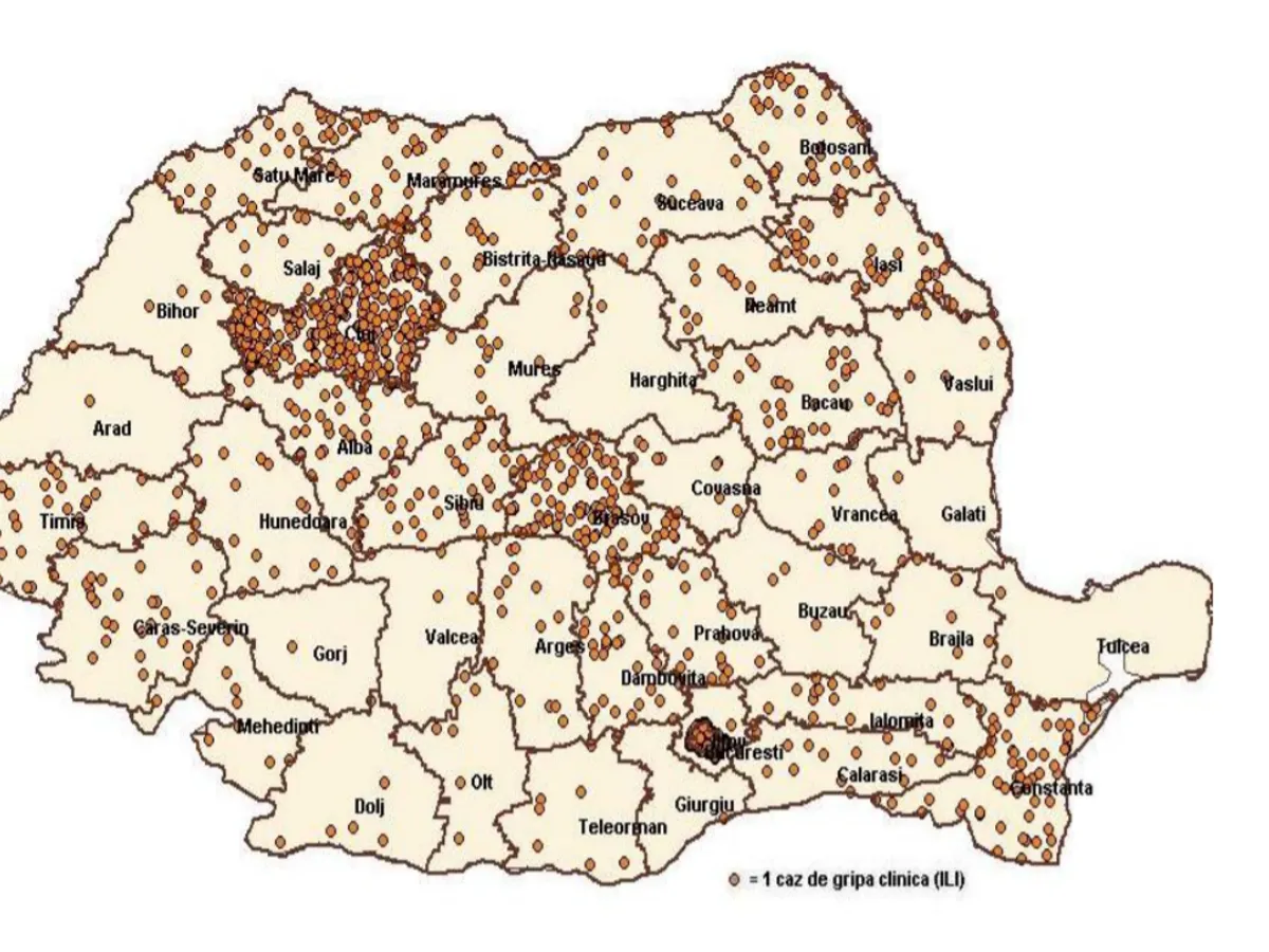 Harta îmbolnăvirilor de gripă, în săptămâna 25 februarie - 3 martie. SURSA: CNCSBT
