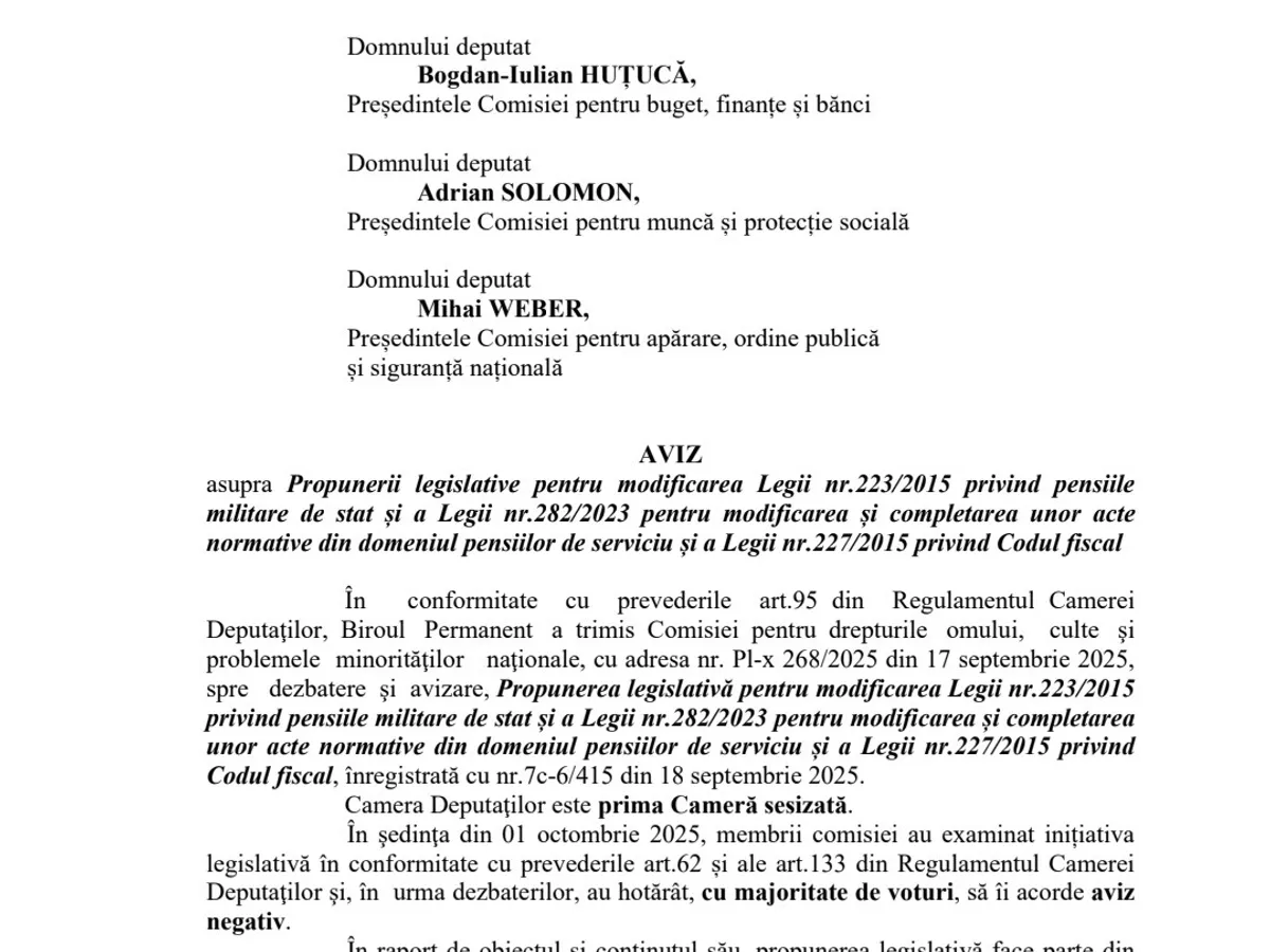 Aviz negativ pe Proiect de lege carear crește pensiile militare - Foto: Cdep