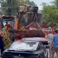 Un copac cade pe un BMW Seria 8. Apoi, „Dorel” îl scapă din excavator. / Foto: captură ecran