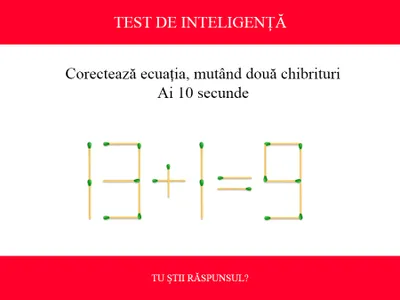 TEST DE INTELIGENȚĂ Corectează ecuația 13+1=9, mutând două chibrituri. Ai 10 secunde - Foto: Colaj Newsweek / mindyourlogic.com