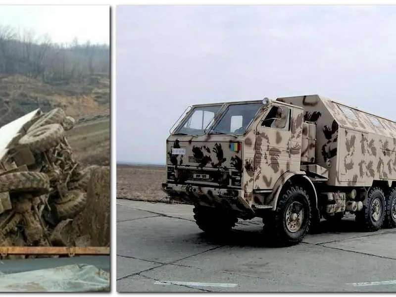 Vehiculul răsturnat la Jilț Sud și DAC 665T militar / Foto: colaj